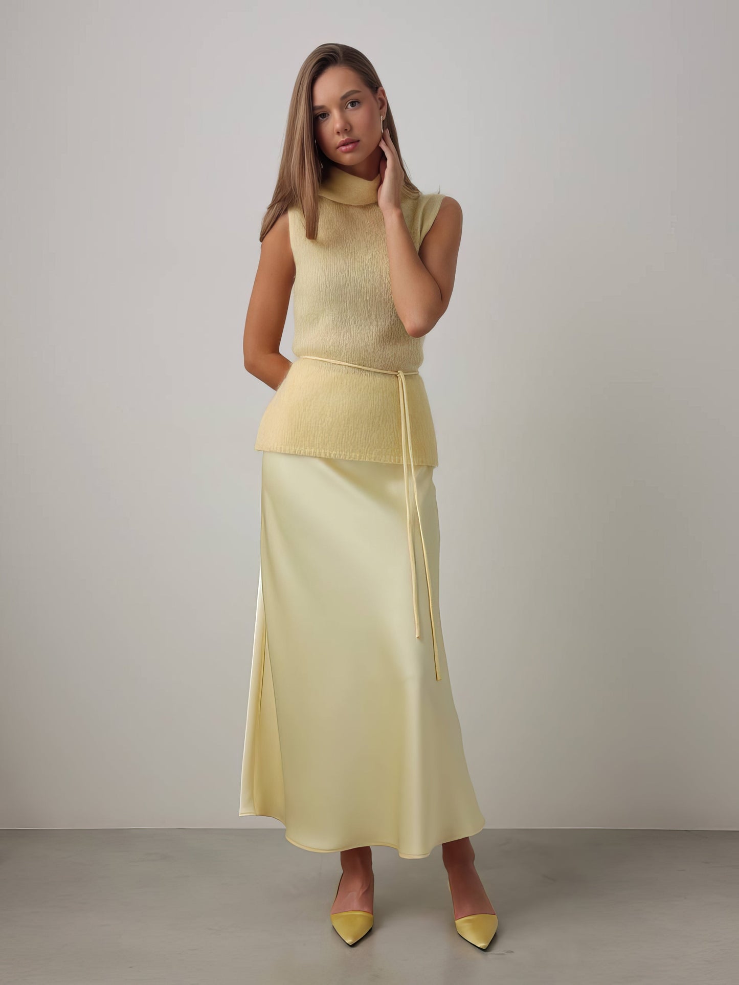 Melody Açık Sarı Saten Etek