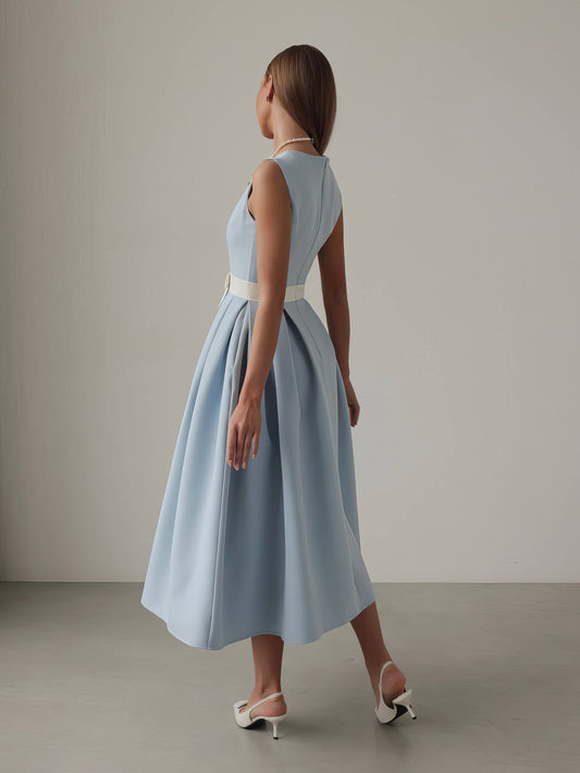 Bebek Mavisi Kemerli Pileli Midi Elbise