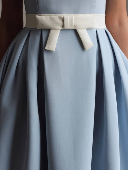 Bebek Mavisi Kemerli Pileli Midi Elbise