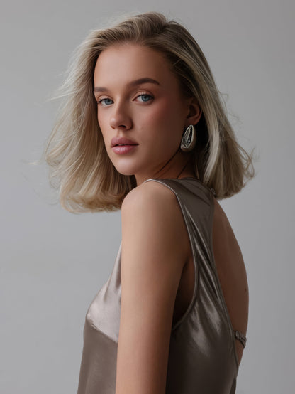 Metalik Saten Askılı Elbise