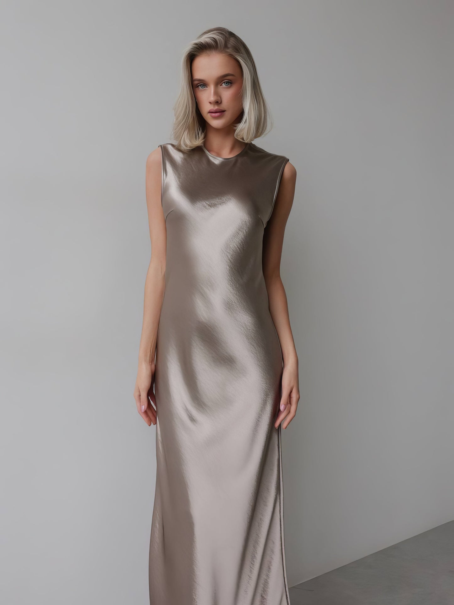 Metalik Saten Askılı Elbise