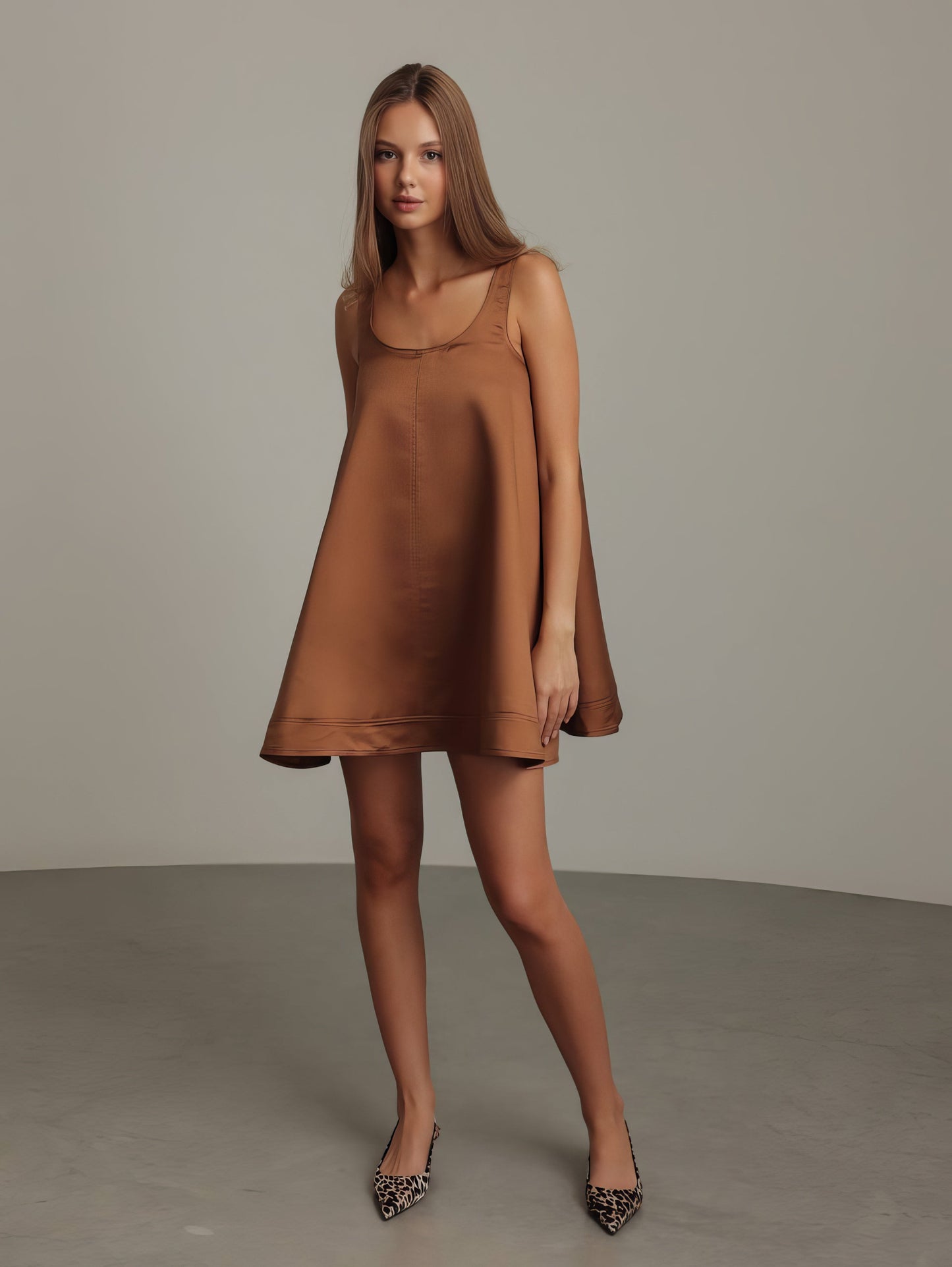 Karamel Saten Trapez Elbise