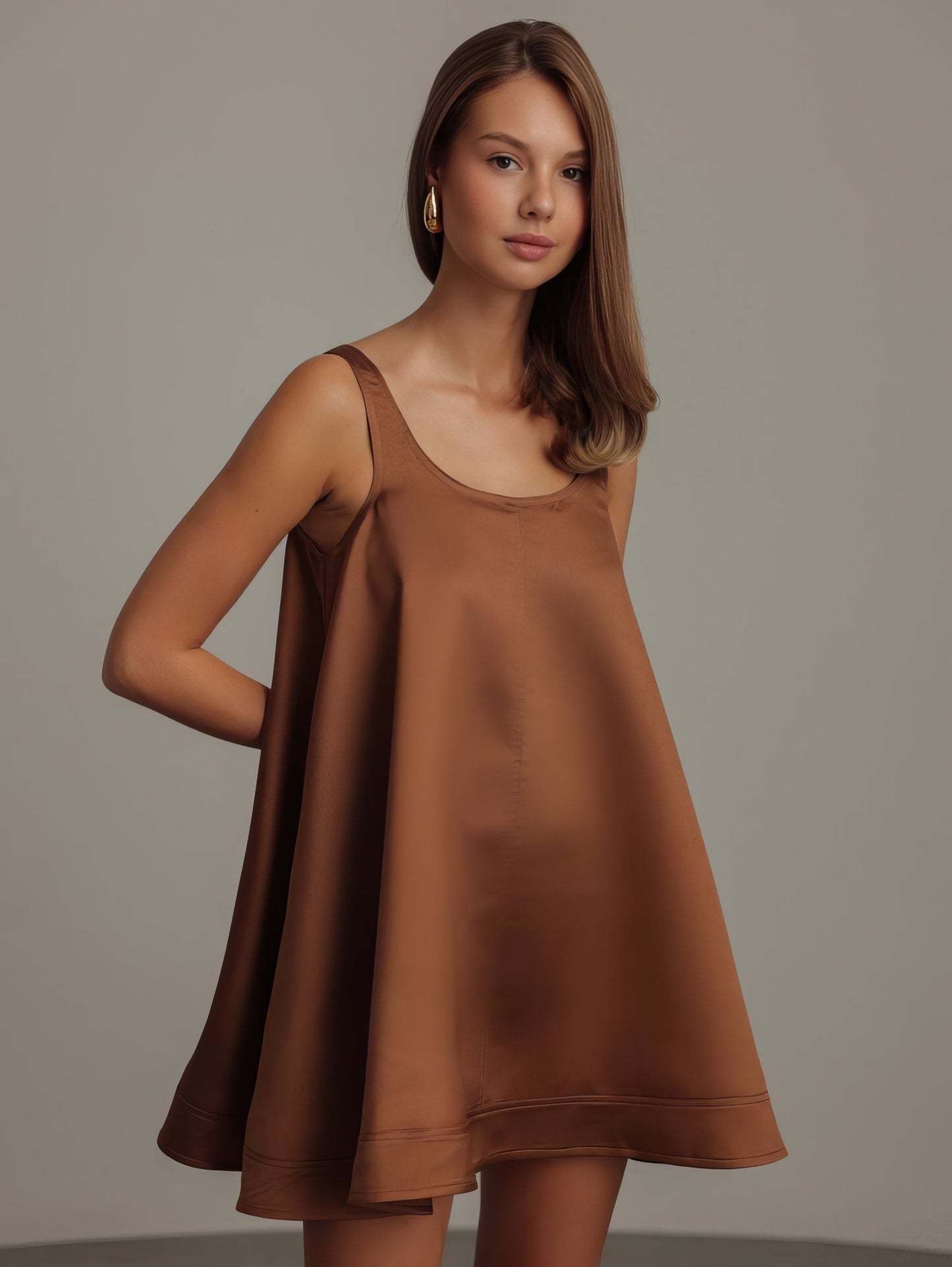 Karamel Saten Trapez Elbise