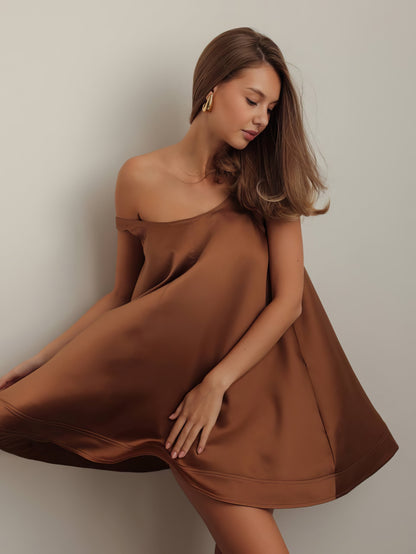 Karamel Saten Trapez Elbise