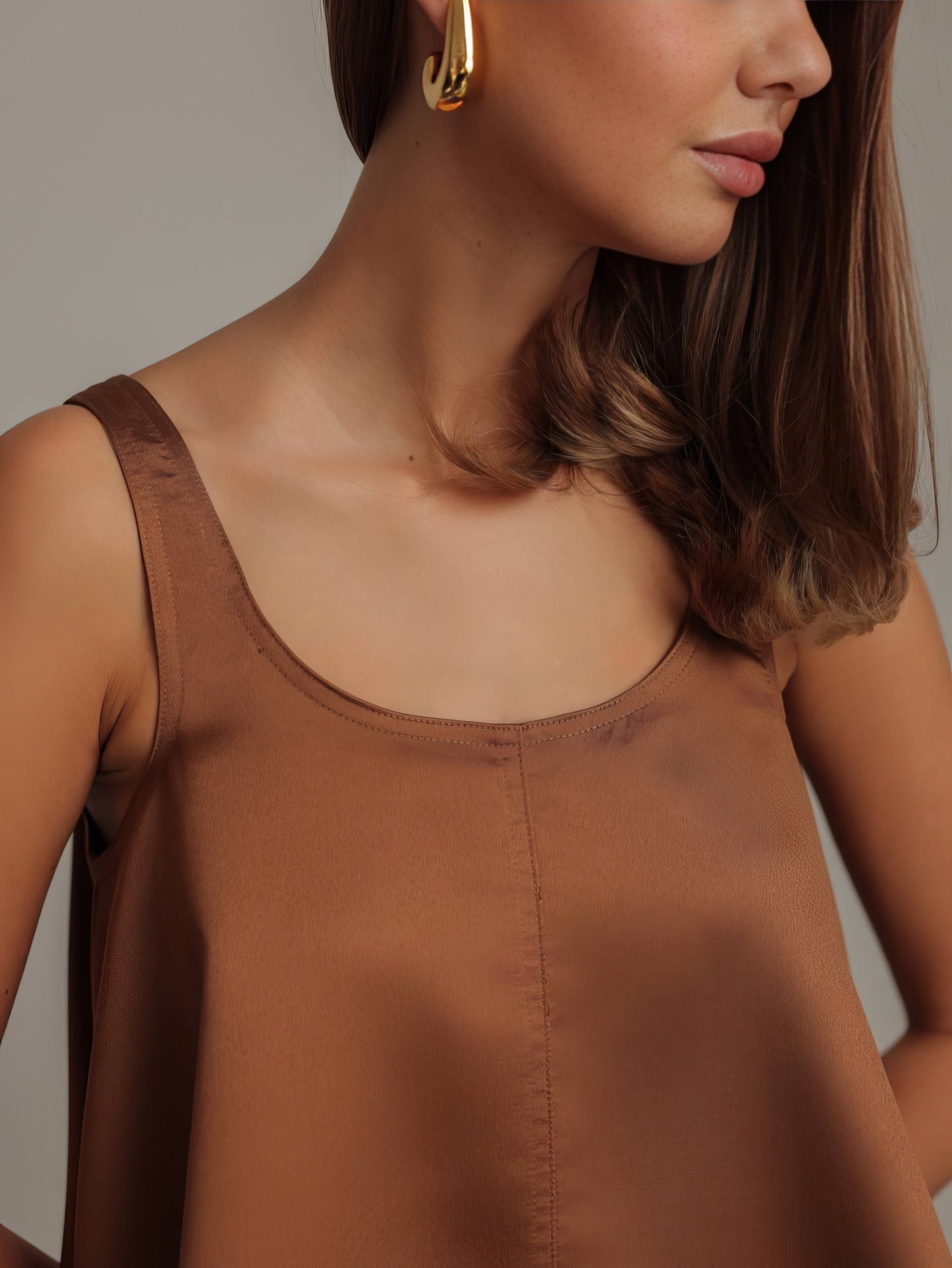 Karamel Saten Trapez Elbise