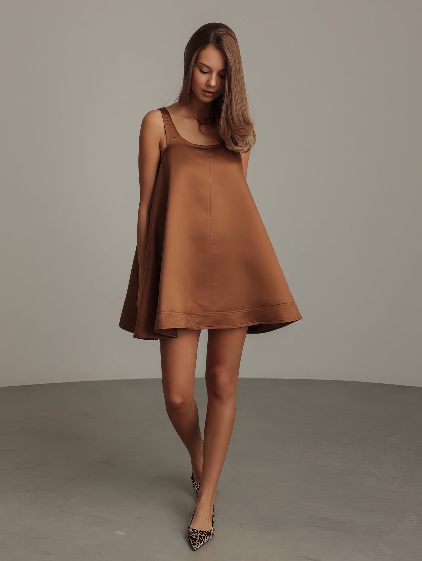 Karamel Saten Trapez Elbise