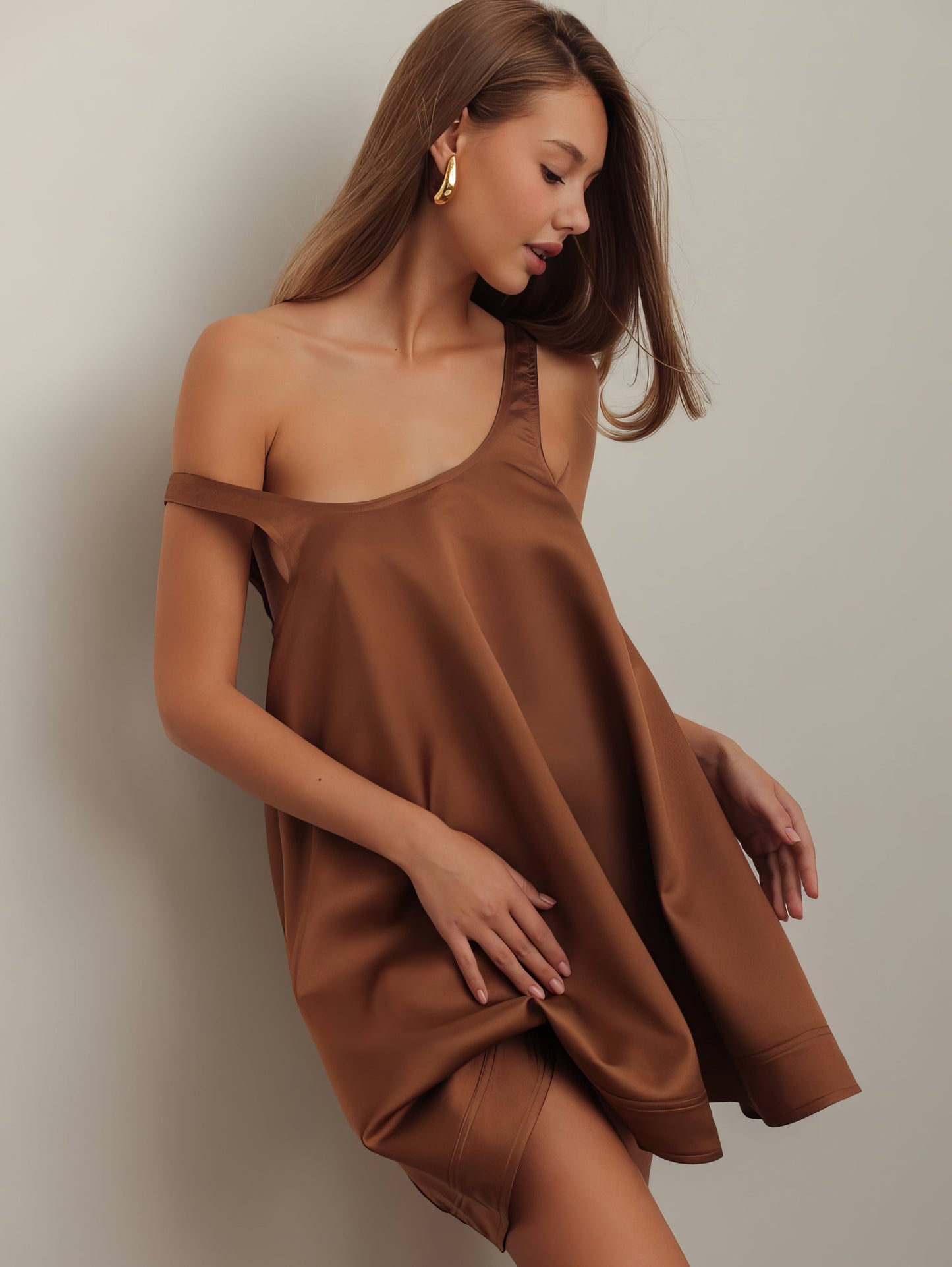 Karamel Saten Trapez Elbise