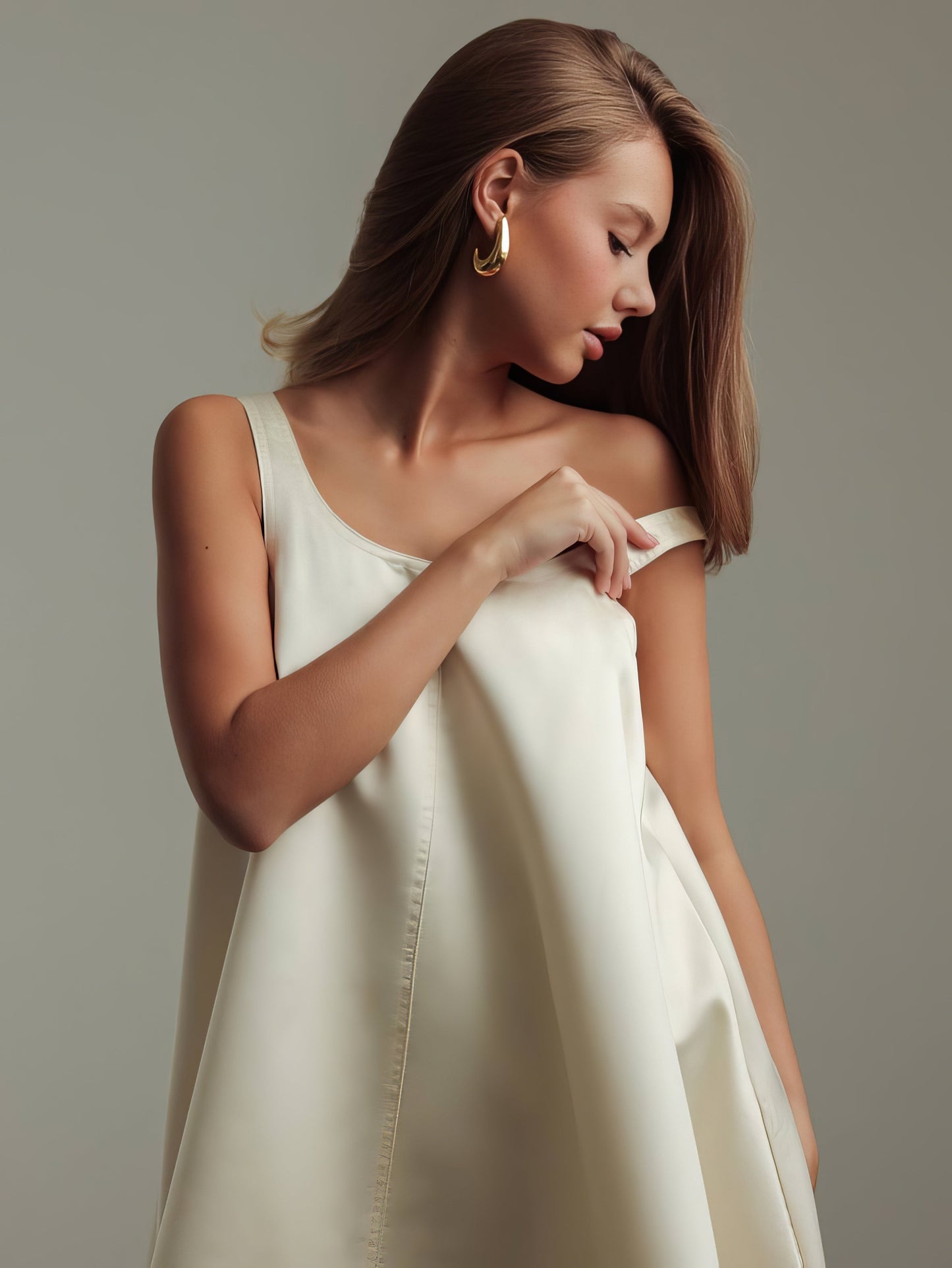 Fildişi Saten Trapez Elbise