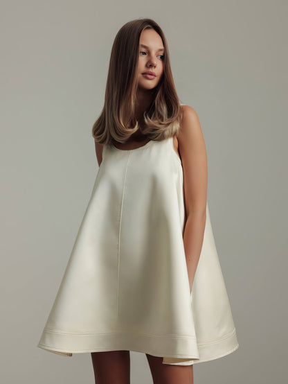 Fildişi Saten Trapez Elbise