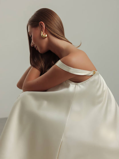 Fildişi Saten Trapez Elbise