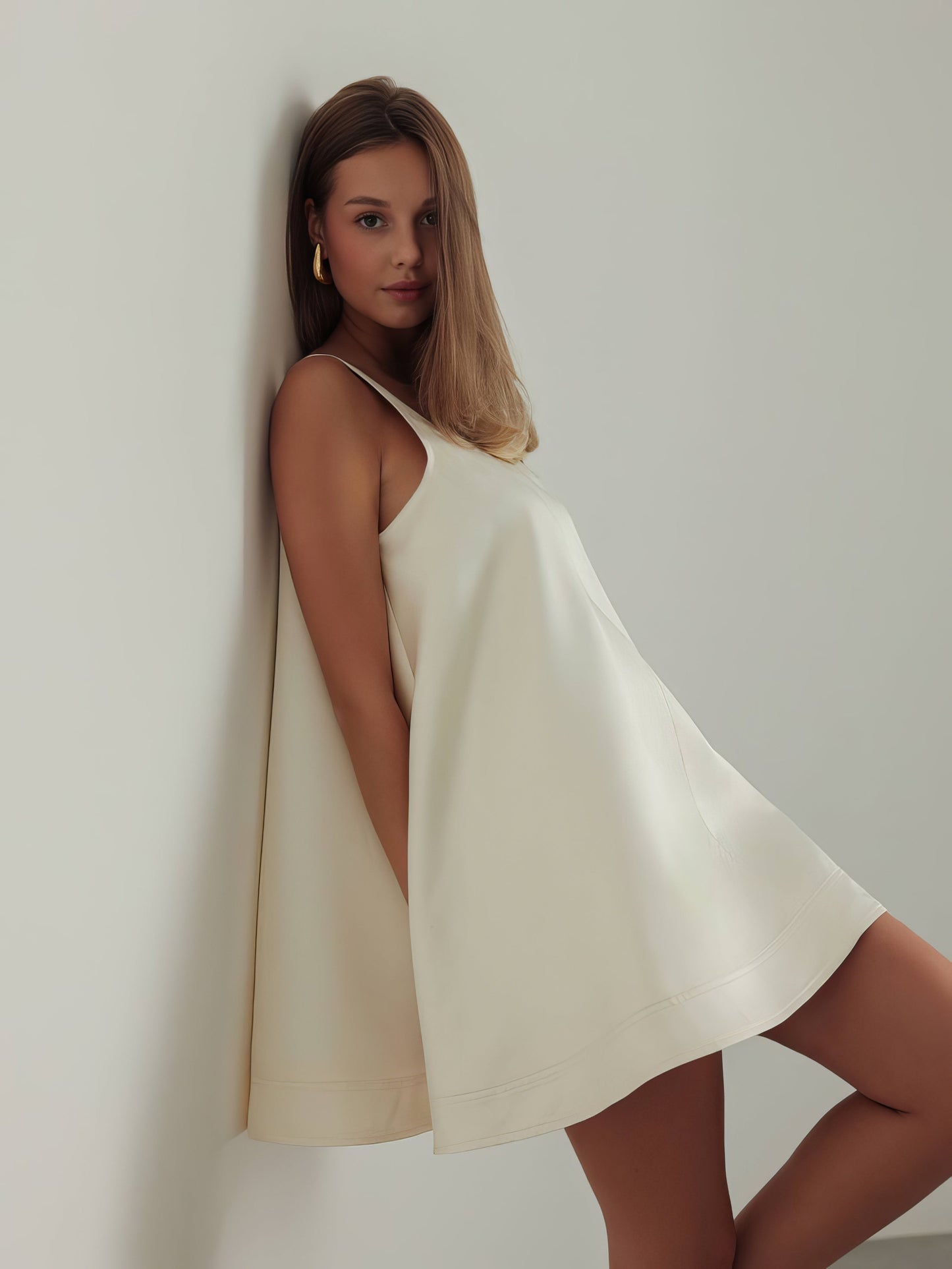 Fildişi Saten Trapez Elbise