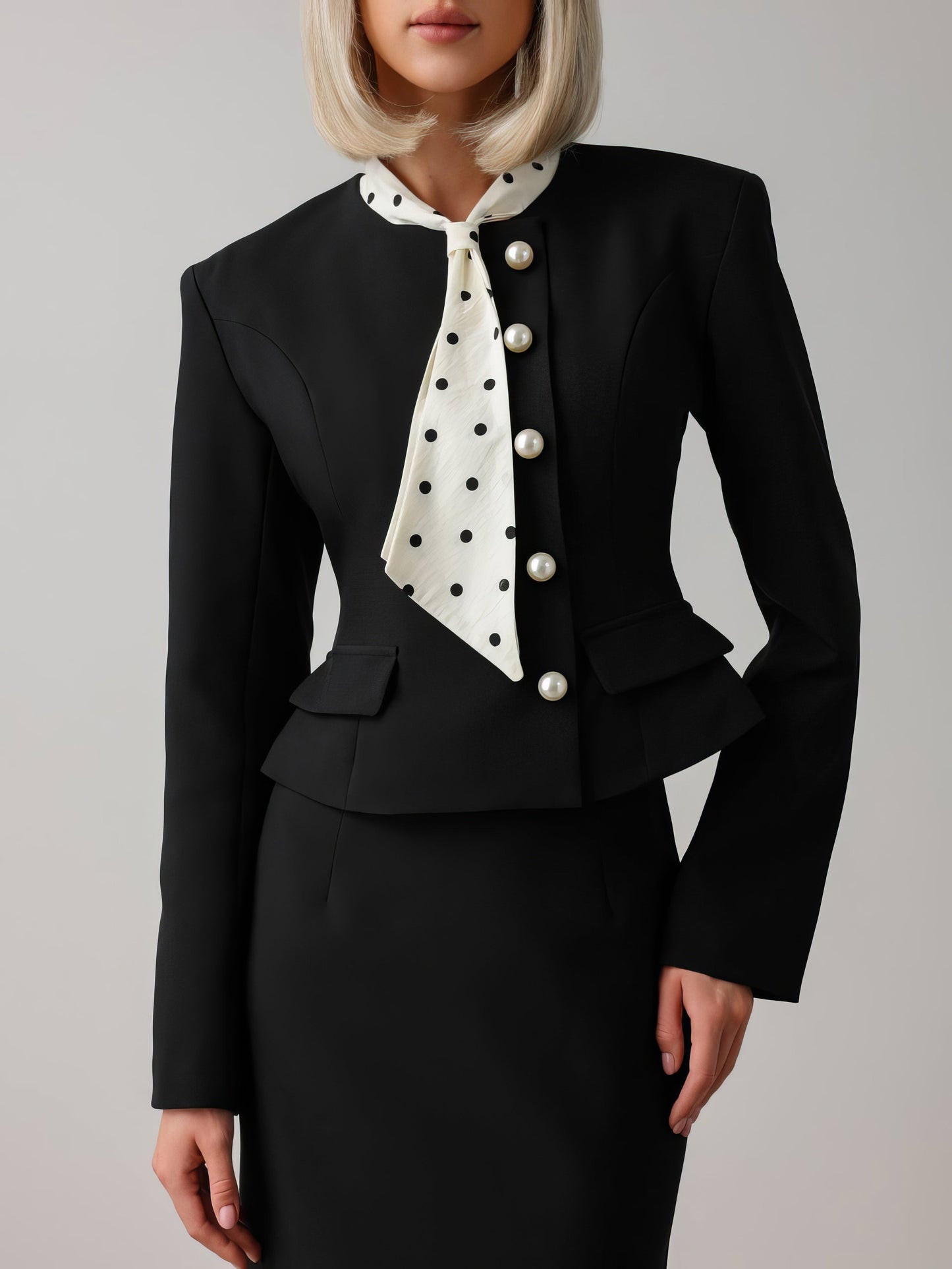 Puantiyeli Fular Detaylı Siyah Takım