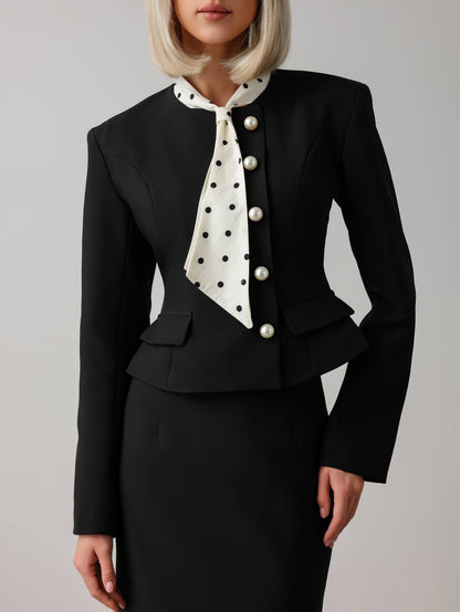 Puantiyeli Fular Detaylı Siyah Takım