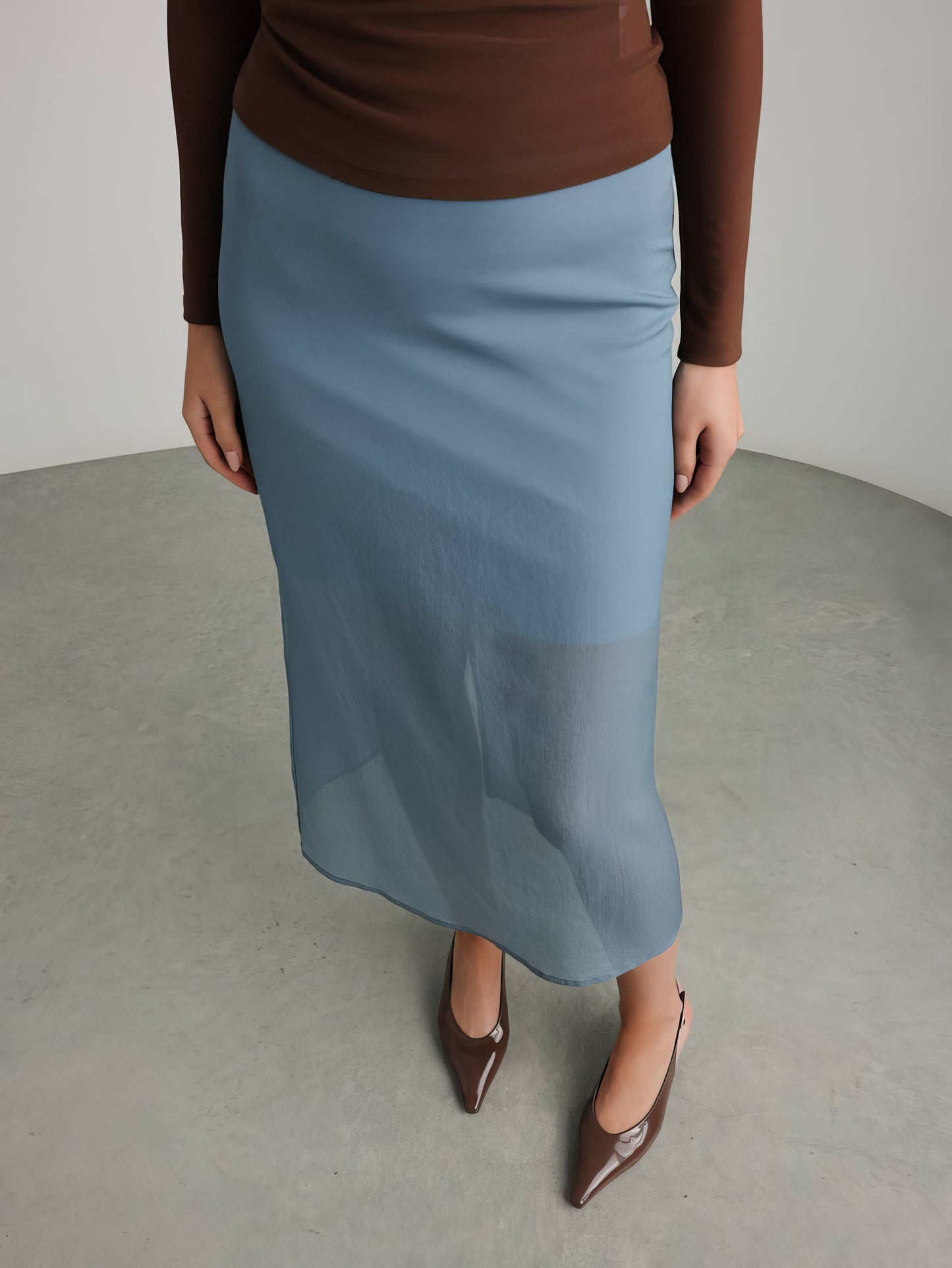 Asimetrik Kesim Açık Mavi Midi Etek