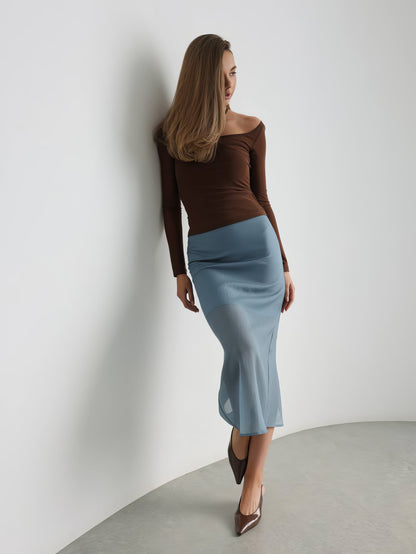 Asimetrik Kesim Açık Mavi Midi Etek