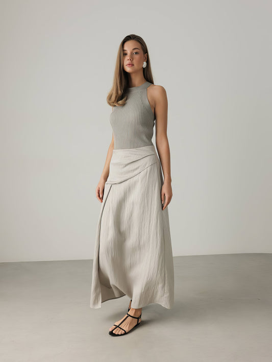 Asimetrik Kesim Keten Karışımlı Midi Etek