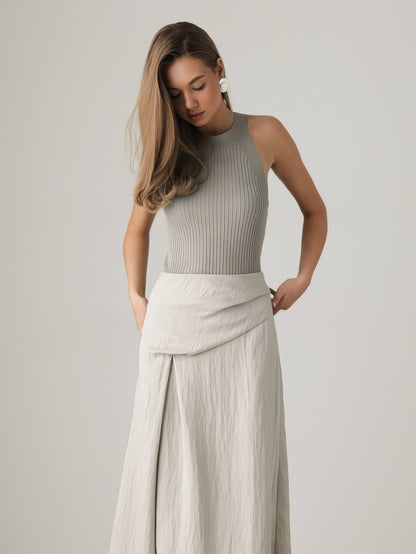 Asimetrik Kesim Keten Karışımlı Midi Etek