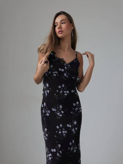 Romantik Çiçek Desenli Siyah Midi Elbise