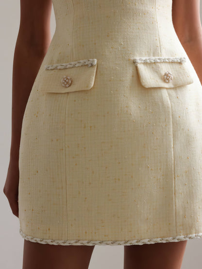 Altın Detaylı Açık Sarı Tüvit Elbise