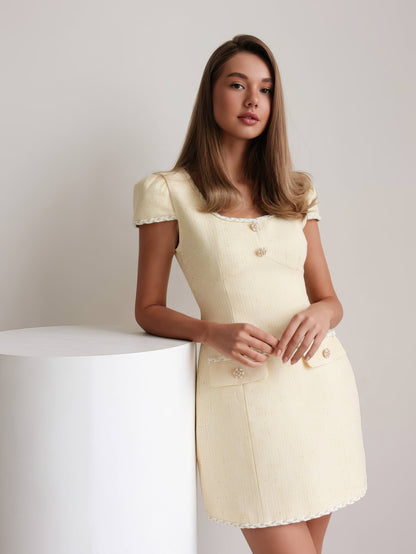 Altın Detaylı Açık Sarı Tüvit Elbise