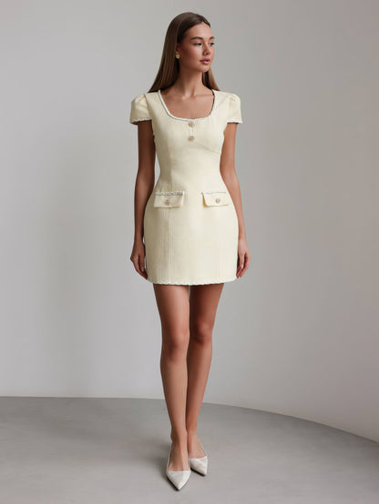 Altın Detaylı Açık Sarı Tüvit Elbise