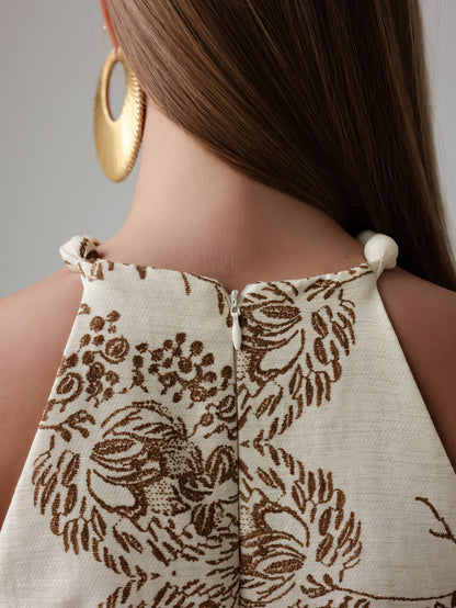 Nakışlı Zarif Bej Halter Yaka Elbise