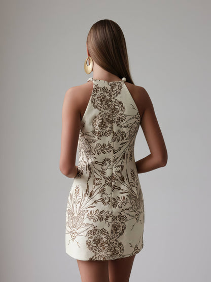 Nakışlı Zarif Bej Halter Yaka Elbise