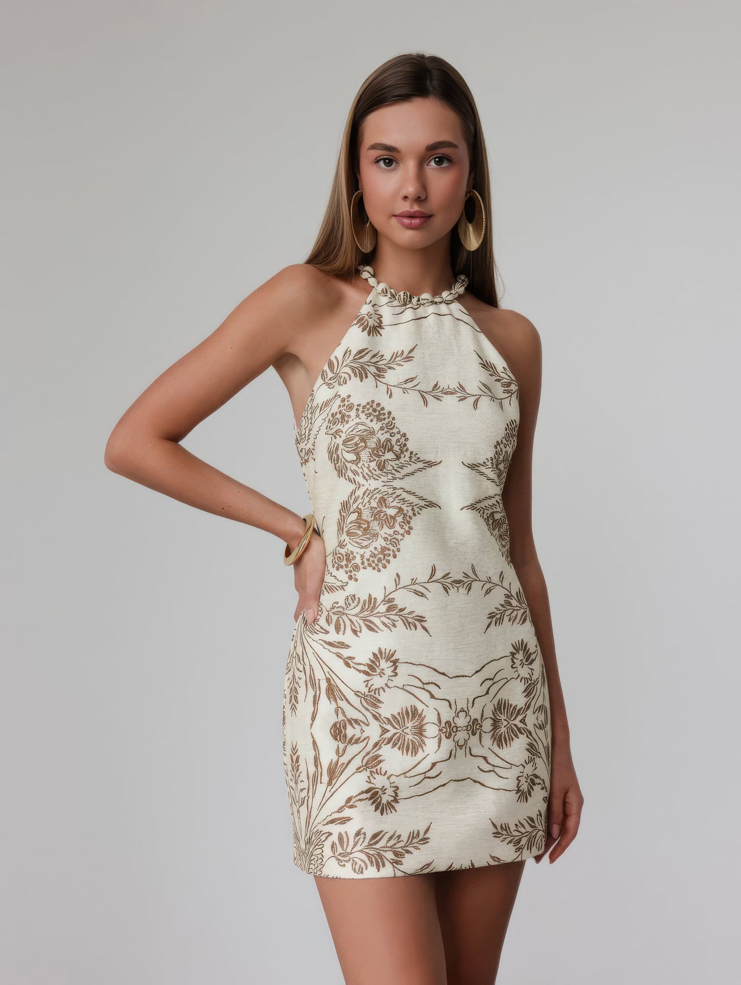 Nakışlı Zarif Bej Halter Yaka Elbise