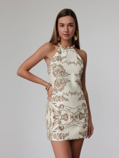 Nakışlı Zarif Bej Halter Yaka Elbise