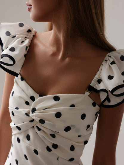 Retro Puantiyeli Siyah Midi Elbise