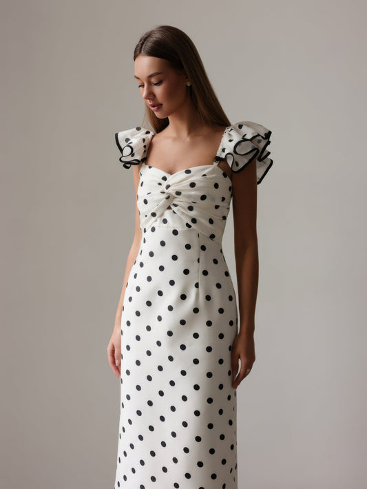 Retro Puantiyeli Siyah Midi Elbise