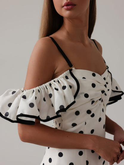 Retro Puantiyeli Siyah Midi Elbise