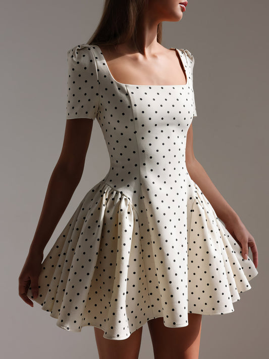 Vintage Esintili Beyaz Puantiyeli Mini Elbise