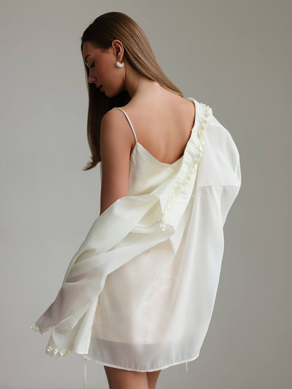 Dokulu Ekru Pileli Mini Etek