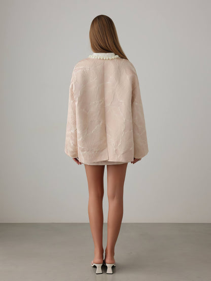 Dokulu Ekru Pileli Mini Etek