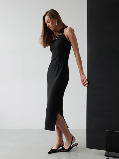 Dekolteli Detaylı Siyah Halter Yaka Midi Elbise