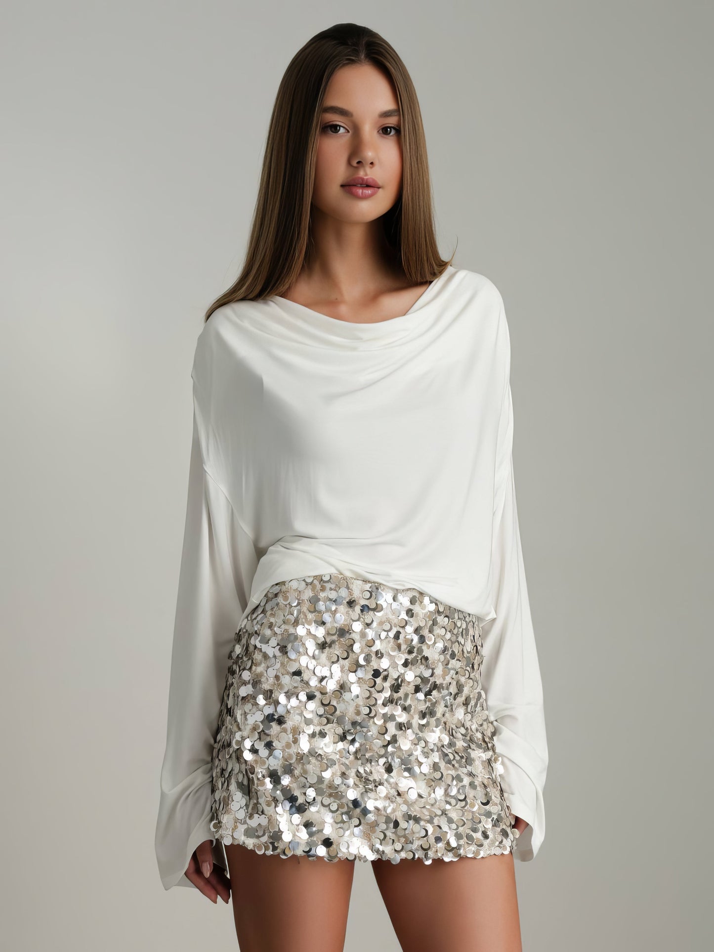 Işıltılı Gümüş Payetli Mini Etek