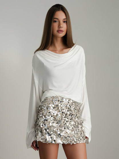 Işıltılı Gümüş Payetli Mini Etek