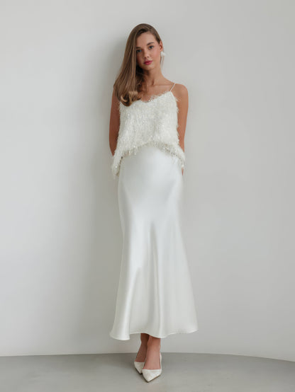 Işıltılı Beyaz Tül Midi Etek