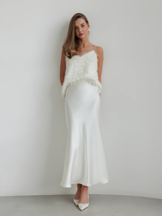Işıltılı Beyaz Tül Midi Etek