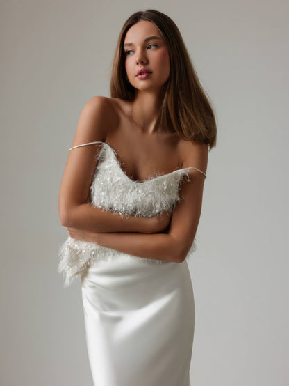 Işıltılı Beyaz Tül Midi Etek