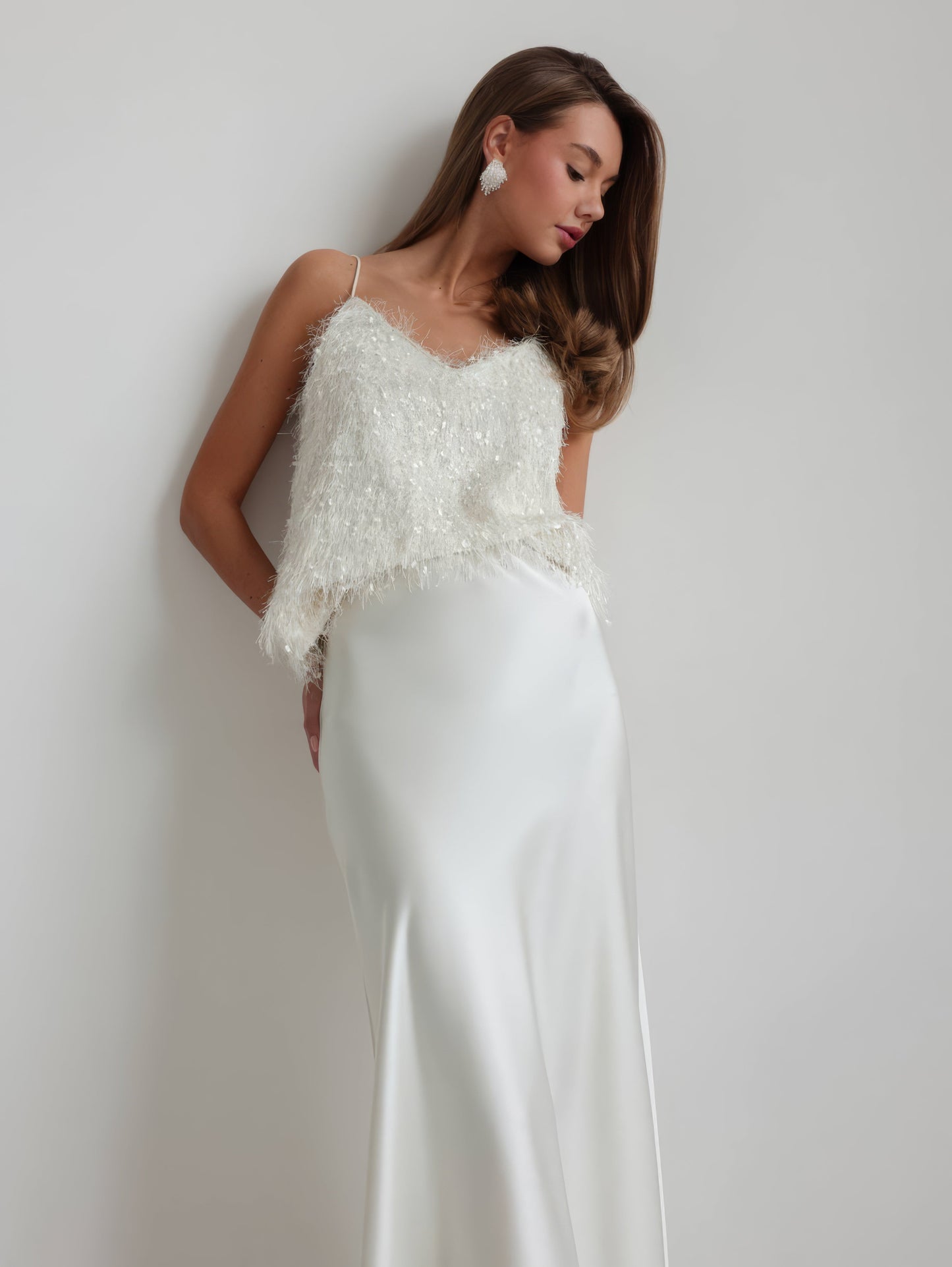 Işıltılı Beyaz Tül Midi Etek