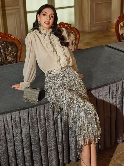 Püsküllü Pullu Midi Etek