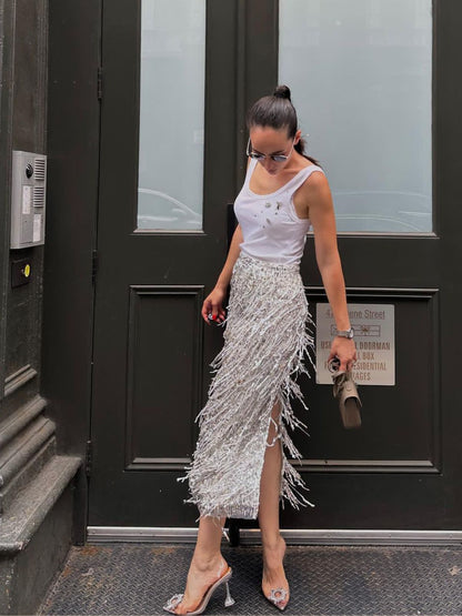 Püsküllü Pullu Midi Etek