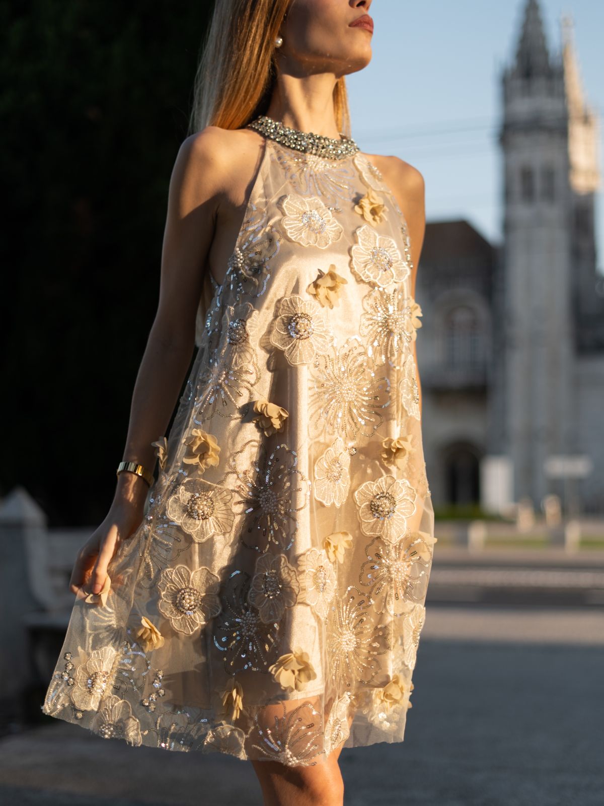 Elmas Kabartmalı Çiçek Nakışlı Elbise