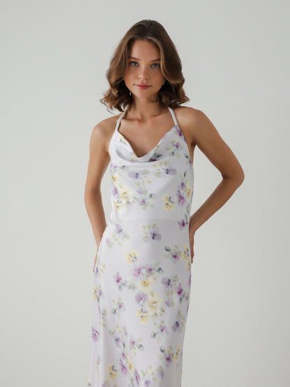 Çiçek Dökümlü Saten Askılı Elbise