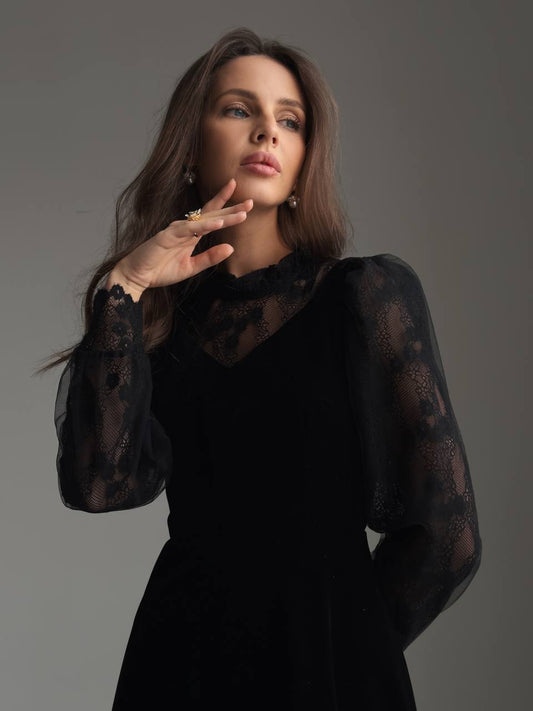 Kadife Dantel İllüzyon Elbise