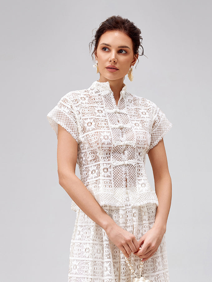 Ustalık İşi Düğmeli Dantel Gömlek