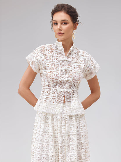 Ustalık İşi Düğmeli Dantel Gömlek