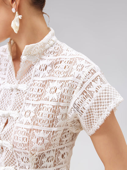 Ustalık İşi Düğmeli Dantel Gömlek